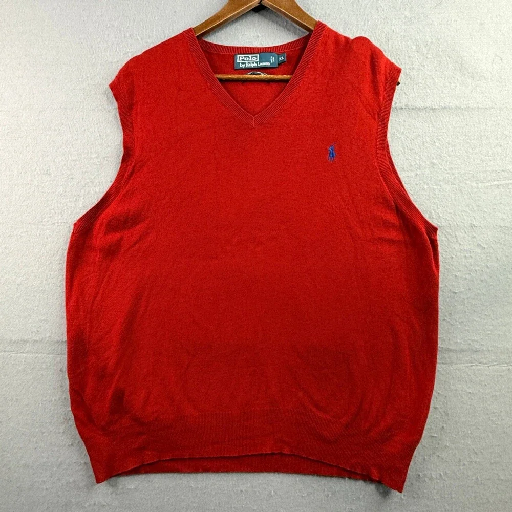 Polo Ralph Lauren Mens XL Red 100% Pima Cotton V-Neck Sweater Vest Blue Pony